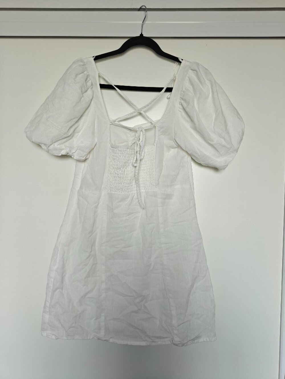H&M White Cotton Linen Puff Sleeve Mini Dress Medium Open Back Cottagecore 0721 - Picture 4 of 8